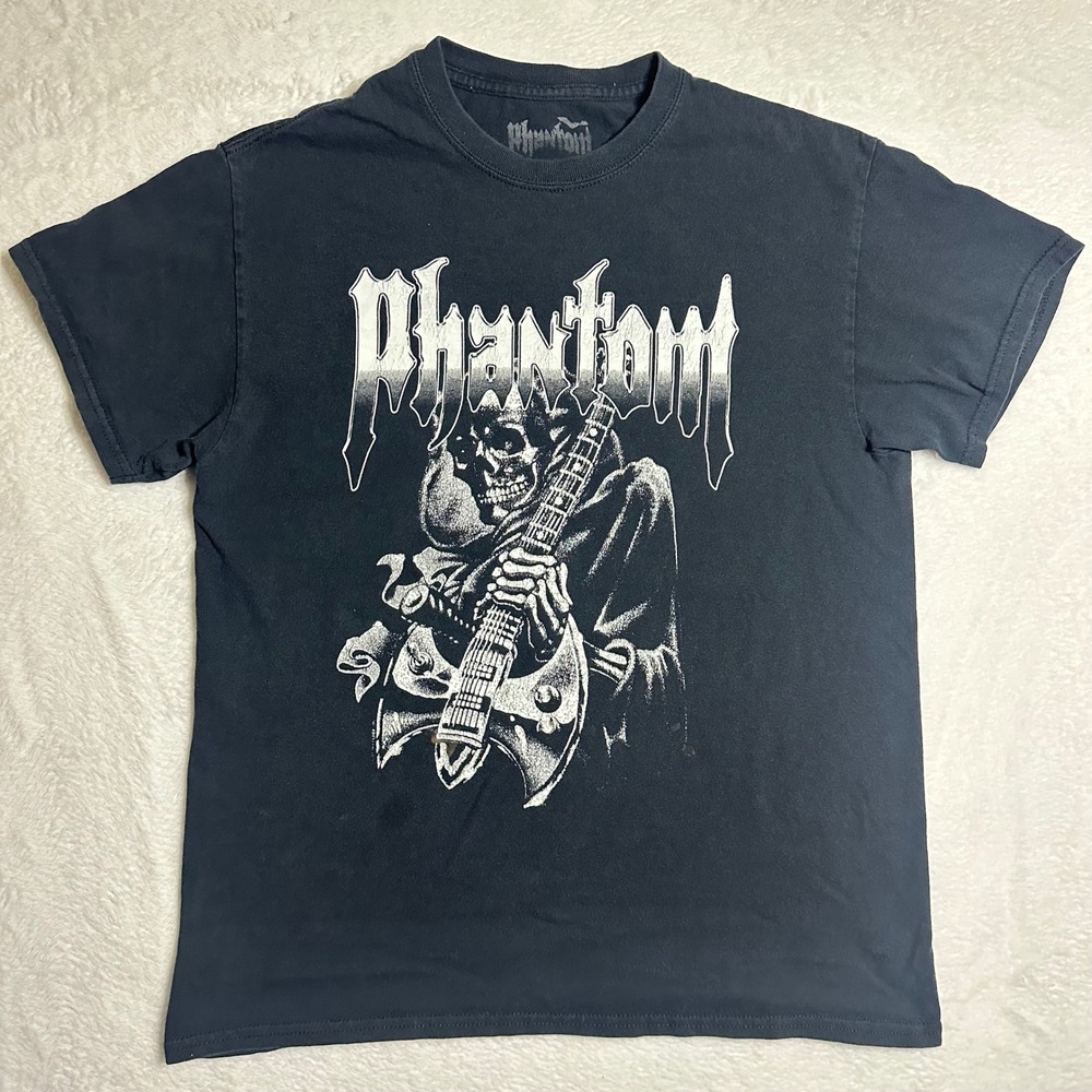 Phantom Mens Skeleton Guitar Graphic T-Shirt Black Medium Rock Goth Punk Tee